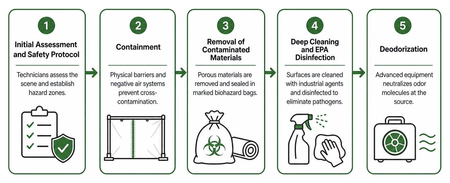 Sequential workflow of professional biohazard remediation Sequential workflow of professional biohazard remediation