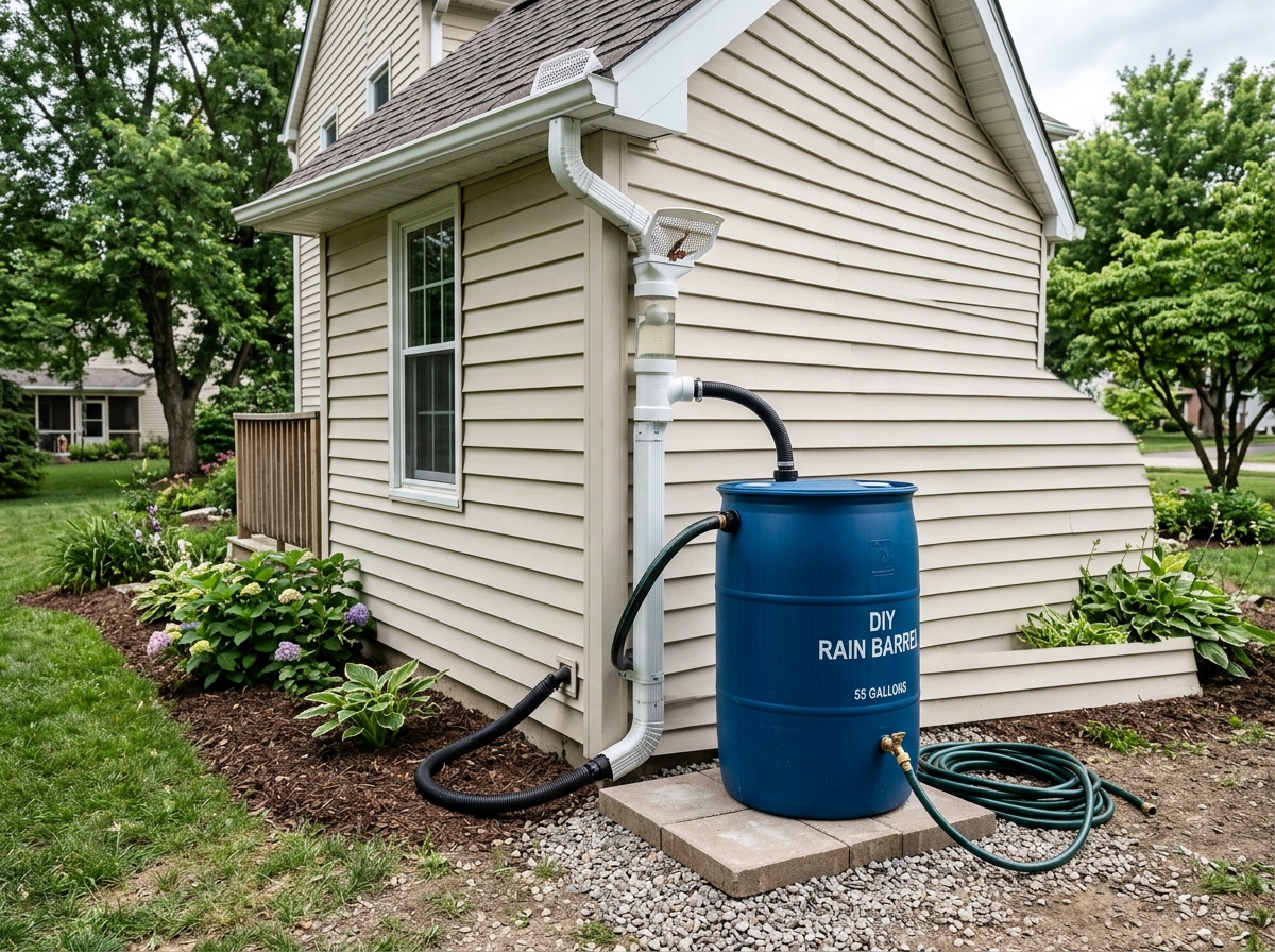 A DIY rain barrel setup connected to a gutter downspout - rainwater collection for plants