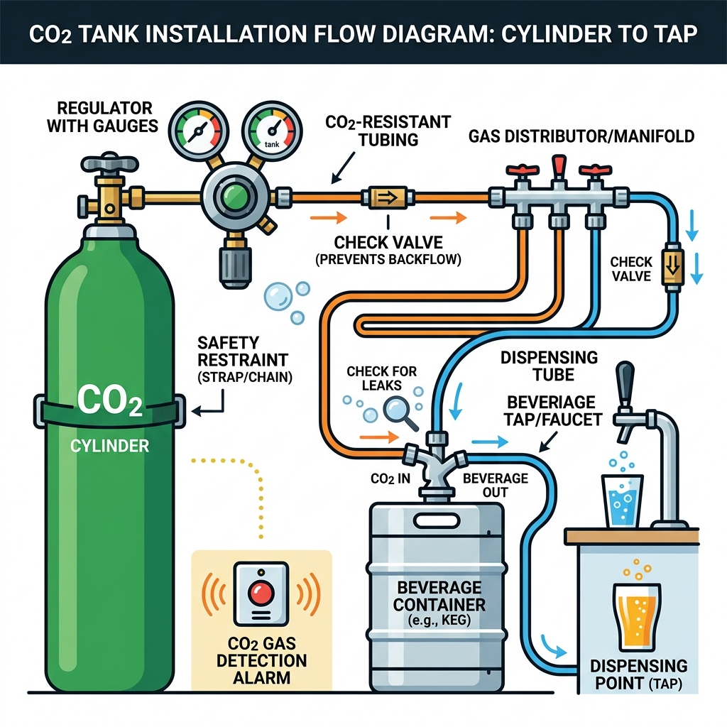 CO2 tank installation flow diagram from cylinder to tap with key components labeled - CO2 tank installation infographic 