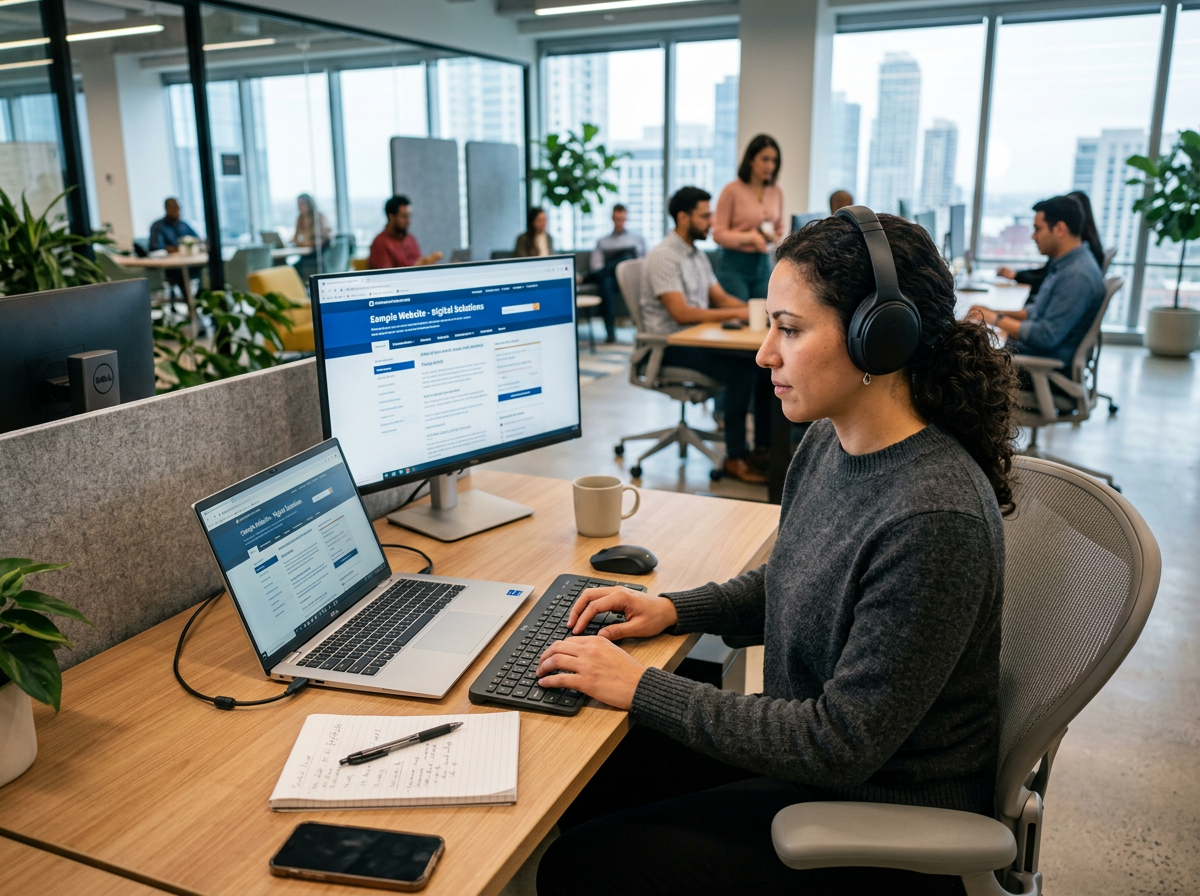 An accessibility auditor testing a website with keyboard navigation and screen reader software An accessibility auditor testing a website with keyboard navigation and screen reader software