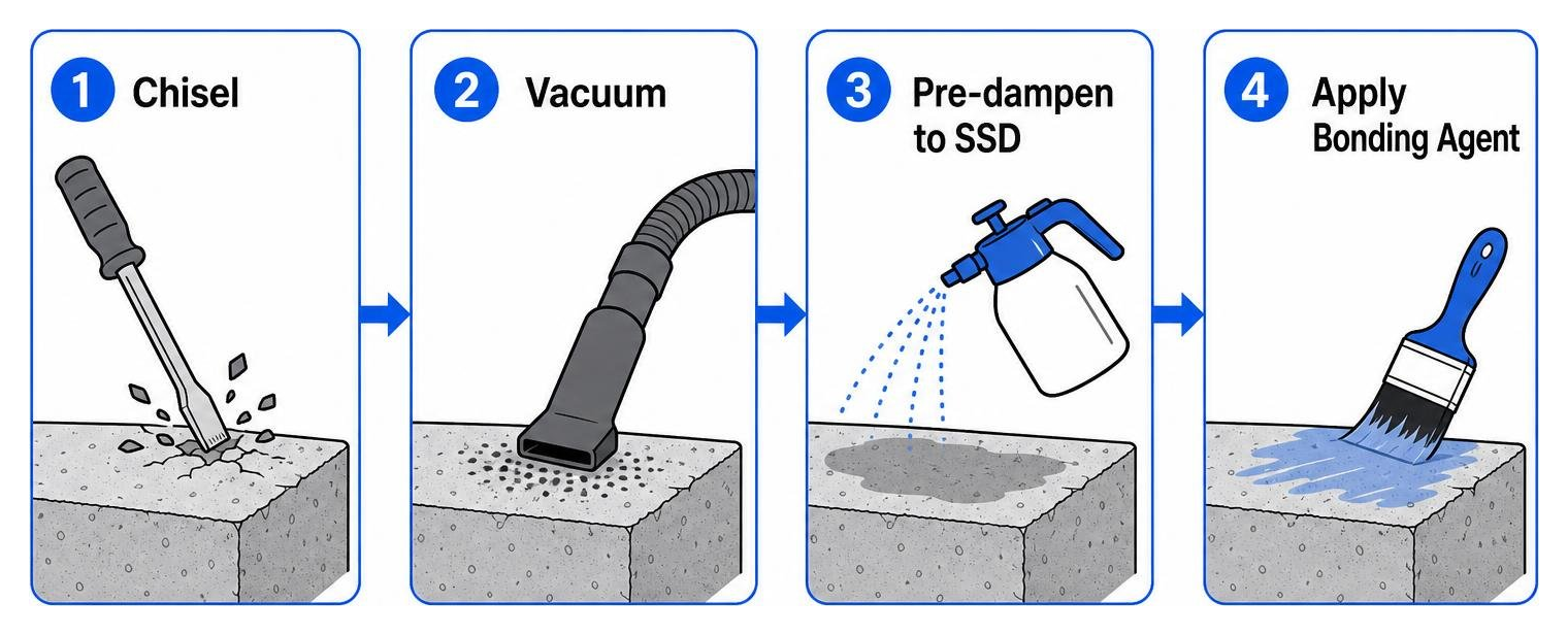 Substrate preparation steps: chisel, vacuum, pre-dampen to SSD, apply bonding agent Substrate preparation steps: chisel, vacuum, pre-dampen to SSD, apply bonding agent