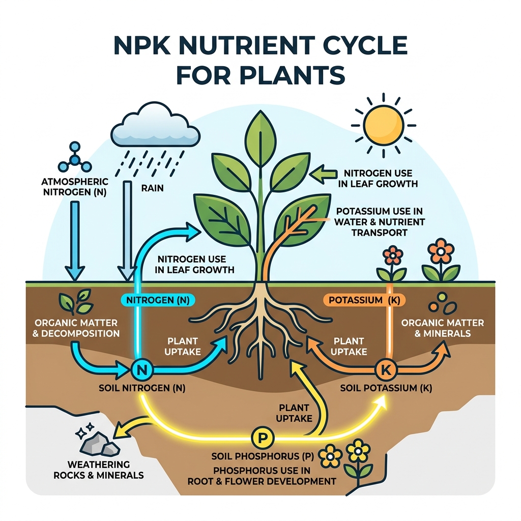 NPK nutrient cycle for plants showing nitrogen, phosphorus, and potassium flow through soil and roots - natural fertilizers NPK nutrient cycle for plants showing nitrogen, phosphorus, and potassium flow through soil and roots - natural fertilizers