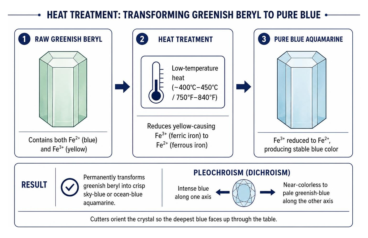 process of heat treatment transforming greenish beryl to pure blue