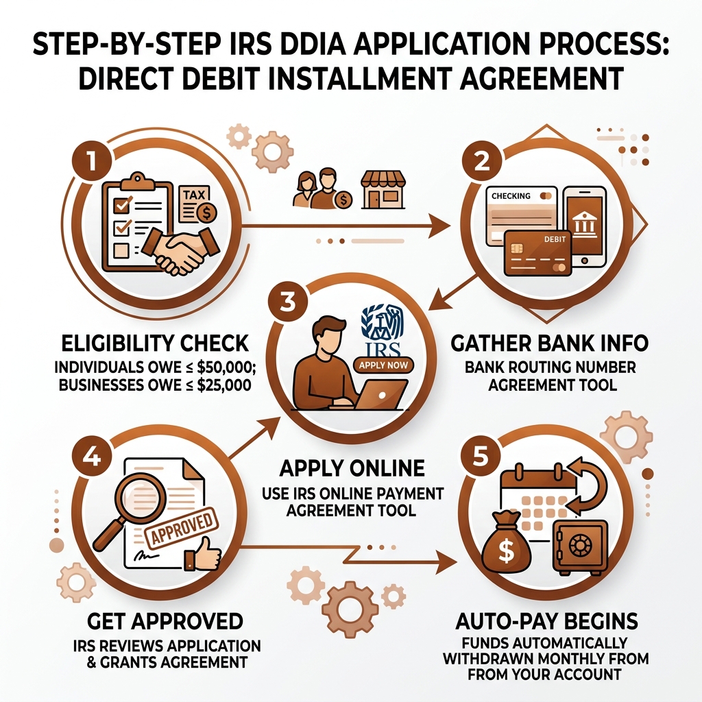 Step-by-step DDIA application process infographic: eligibility, bank info, apply online, get approved, auto-pay begins