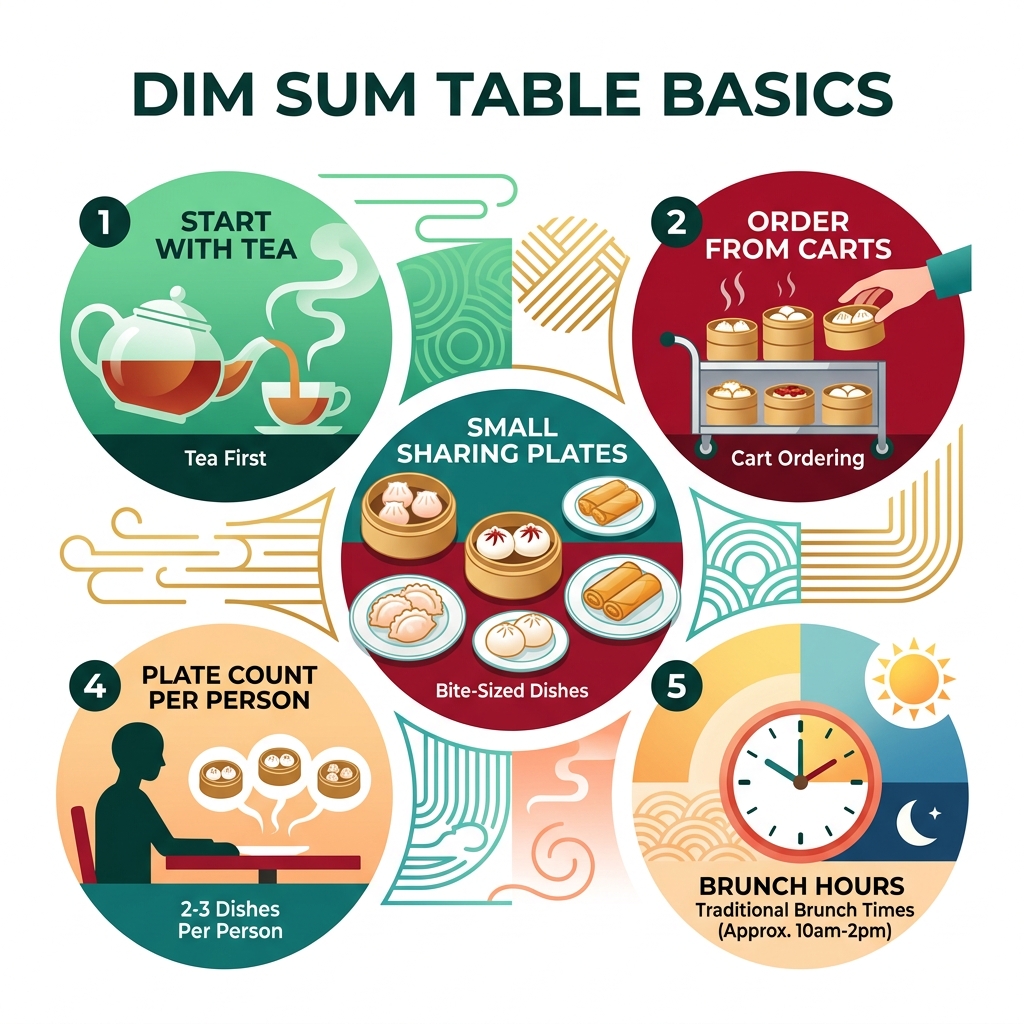 Infographic showing dim sum table basics: tea first, cart ordering, small plates, 2-3 dishes per person, brunch hours - dim