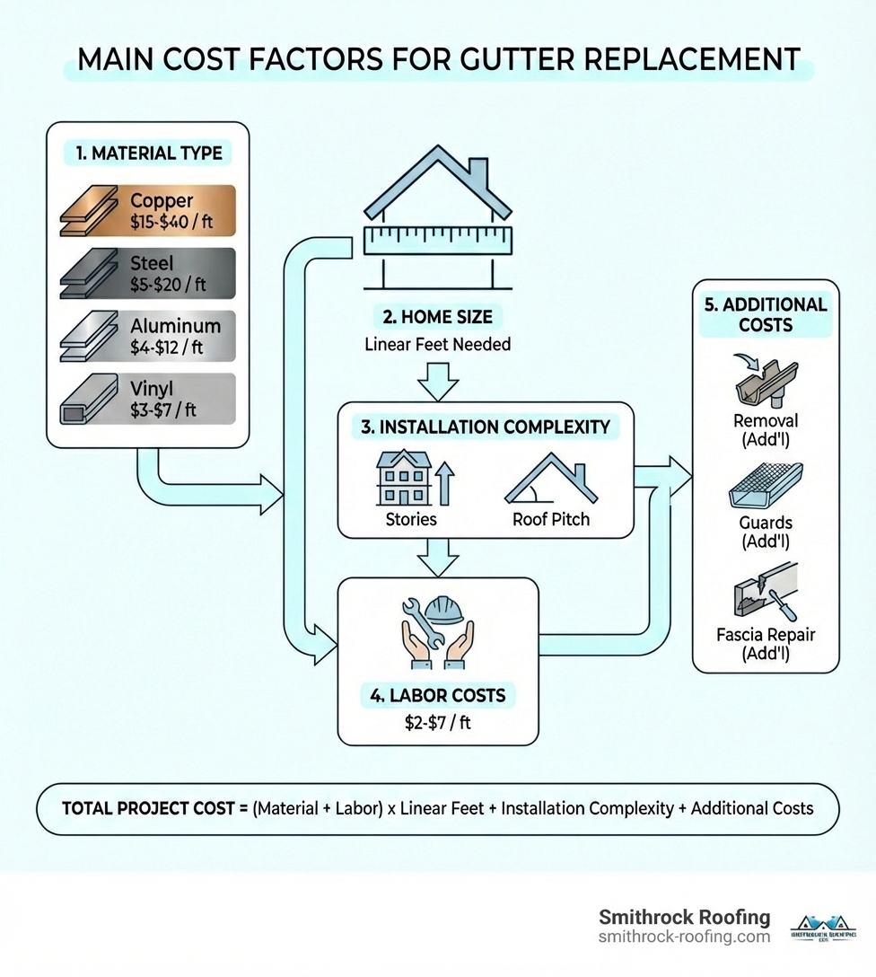 Infographic showing the main cost factors for gutter replacement: material type, home size measured in linear feet needed, installation complexity including number of stories and roof pitch, labor, and additional costs for removal, guards, and fascia repair - average cost to replace rain gutters infographic Infographic showing the main cost factors for gutter replacement: material type, home size measured in linear feet needed, installation complexity including number of stories and roof pitch, labor, and additional costs for removal, guards, and fascia repair - average cost to replace rain gutters infographic