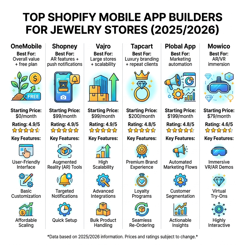 Infographic comparing top Shopify mobile app builders for jewelry stores by price, rating, and key features - best shopify