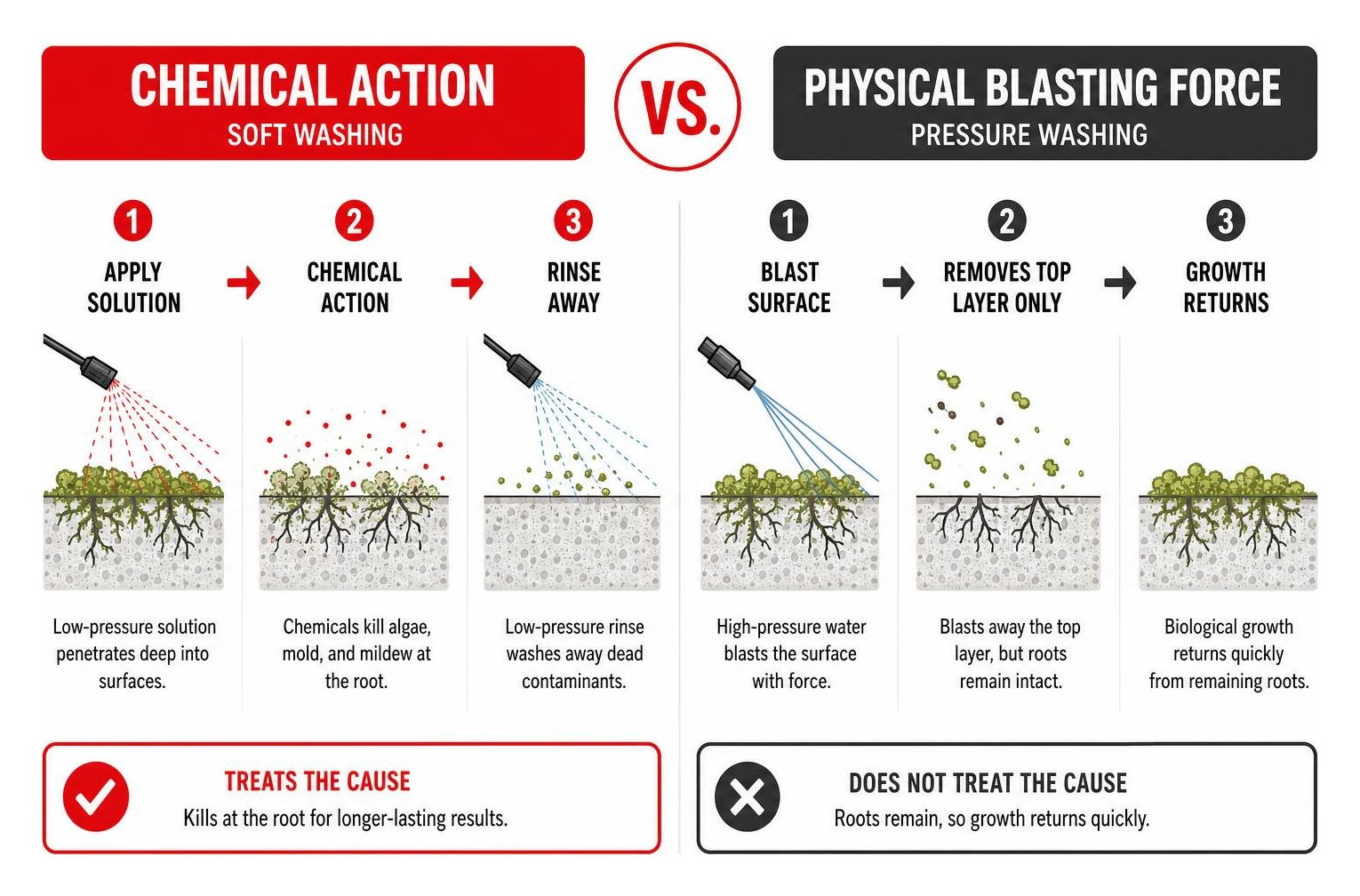 diagram showing the difference in chemical action versus physical blasting force
