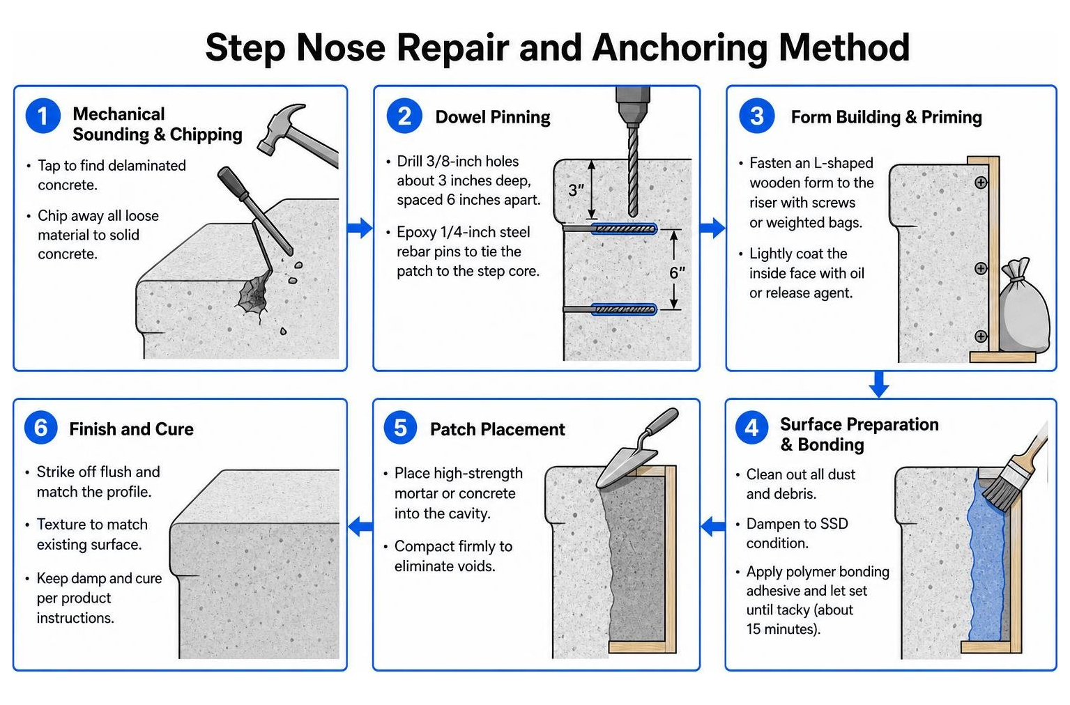 Diagram showing step nose repair and anchoring method Diagram showing step nose repair and anchoring method