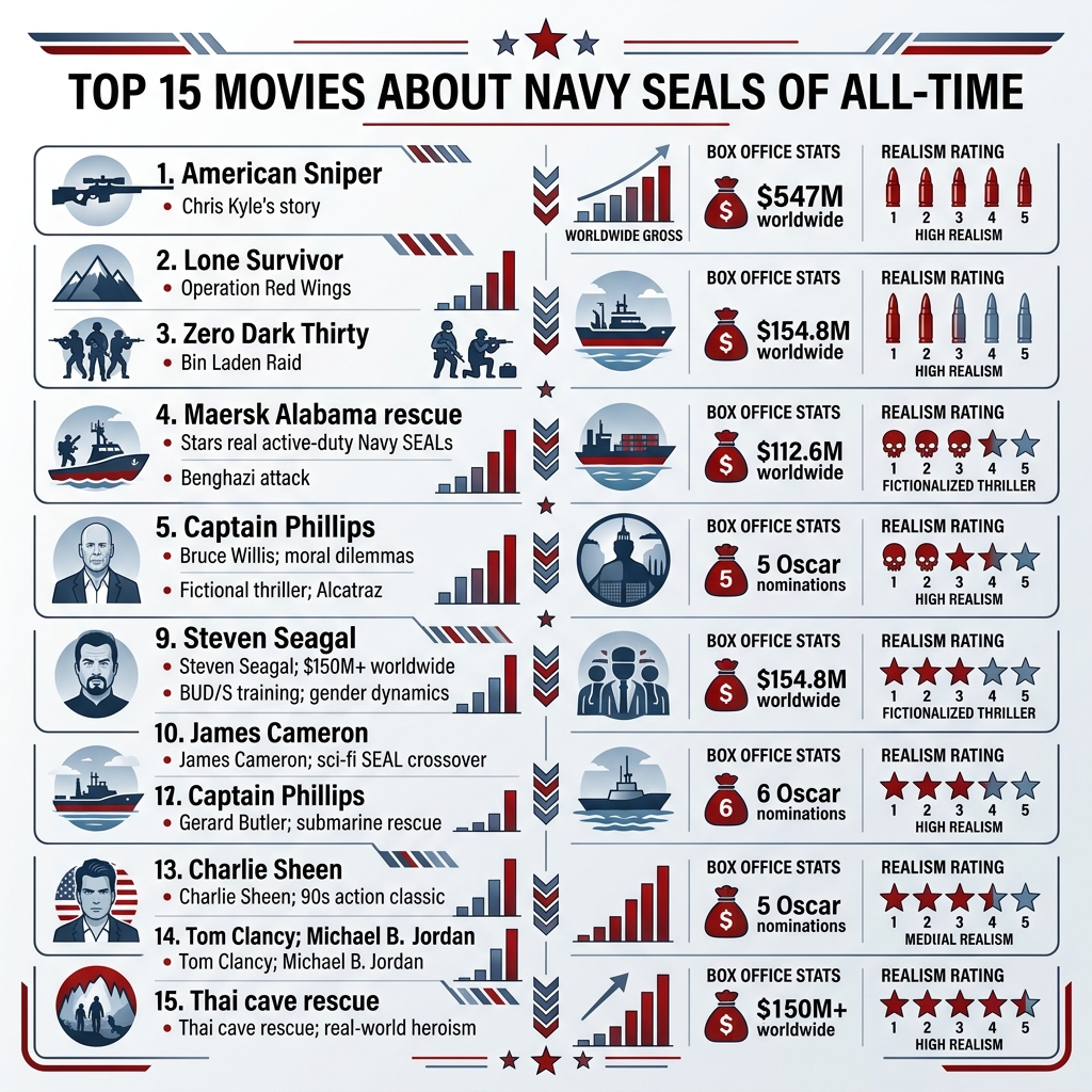 Infographic ranking top 15 Navy SEAL movies with box office stats and realism ratings - Top 15 Movies About Navy SEALs Of