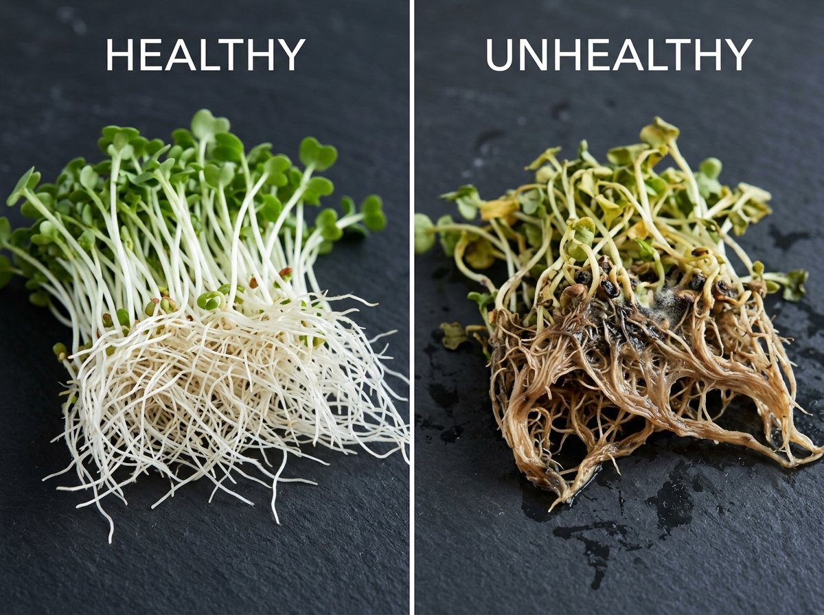 Healthy white microgreen roots on the left vs brown slimy root rot on the right - compost for microgreens