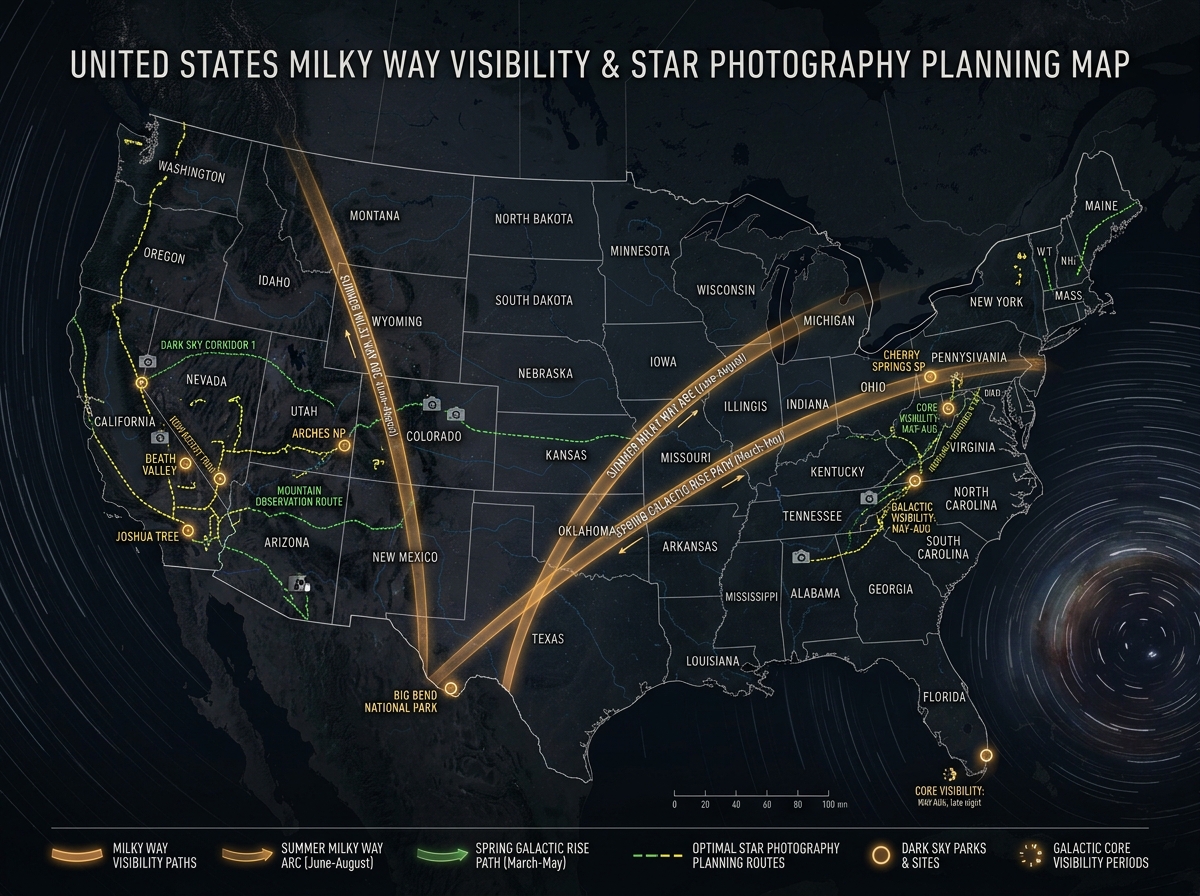 2D map showing Milky Way visibility and planning paths - best apps star photography 2D map showing Milky Way visibility and planning paths - best apps star photography