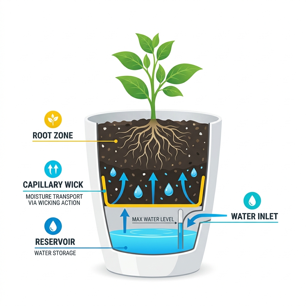 Diagram showing reservoir, capillary wick, and root zone in a self-watering planter - self watering planters uk infographic 