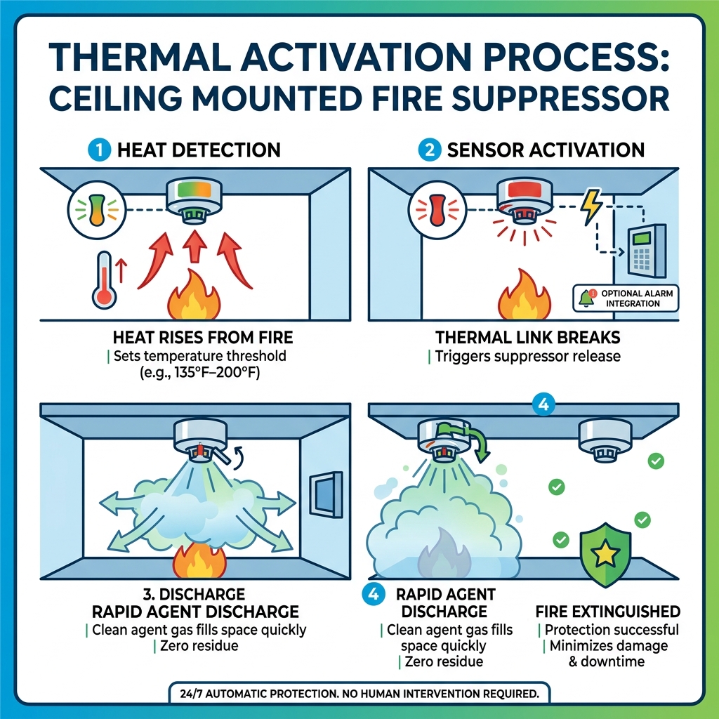 Infographic showing thermal activation process steps for a ceiling mounted fire suppressor - ceiling mounted fire