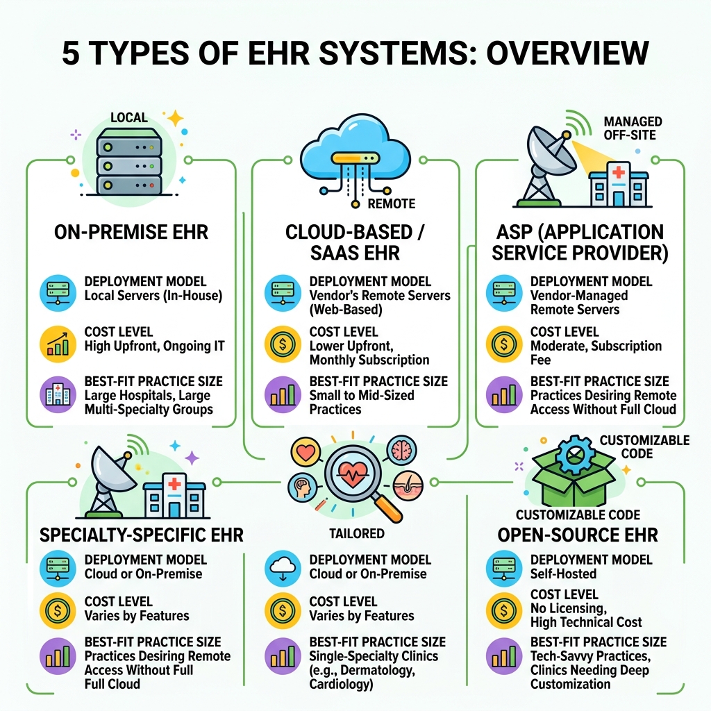 Infographic showing the five types of EHR systems with deployment model, cost level, and best-fit practice size - types of Infographic showing the five types of EHR systems with deployment model, cost level, and best-fit practice size - types of