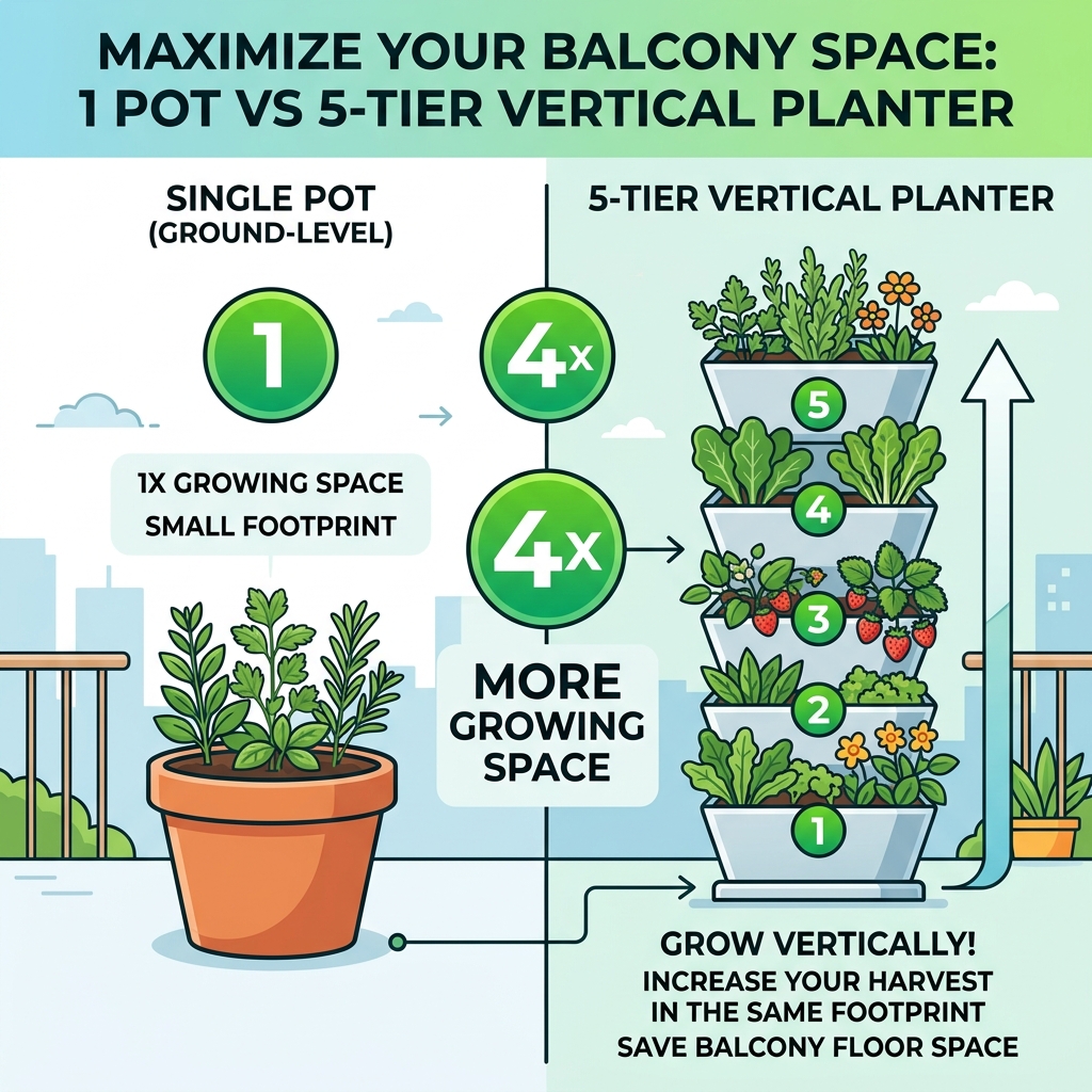 infographic showing how a 5-tier vertical planter quadruples growing space vs single ground-level pots - vertical planters infographic showing how a 5-tier vertical planter quadruples growing space vs single ground-level pots - vertical planters