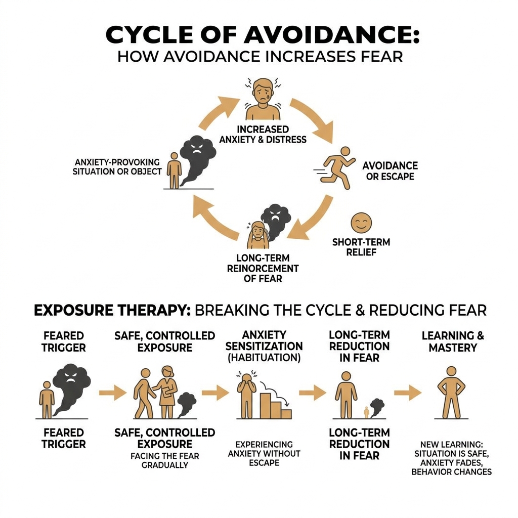 Cycle of avoidance vs. exposure therapy: how avoidance increases fear and exposure reduces it - exposure therapy infographic 