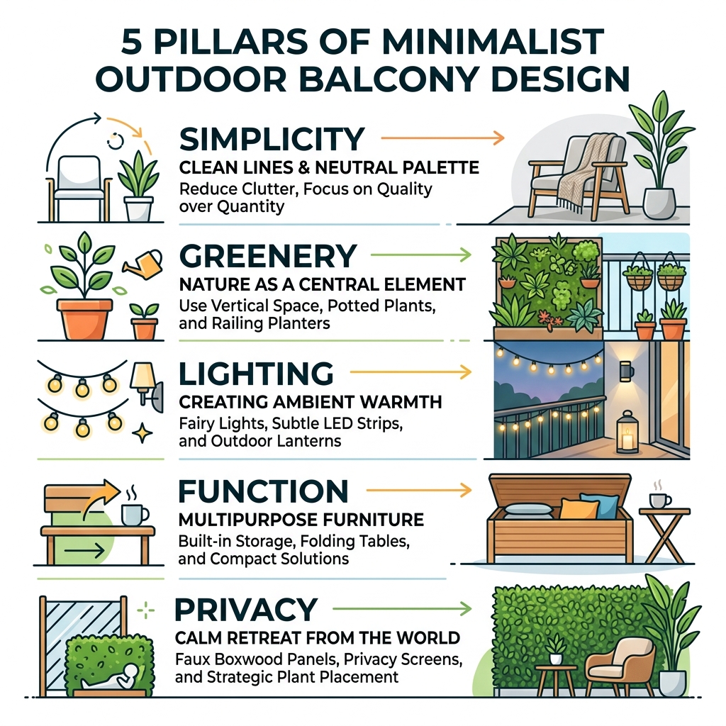5 pillars of minimalist outdoor balcony design: simplicity, greenery, lighting, function, privacy - outdoor balcony ideas