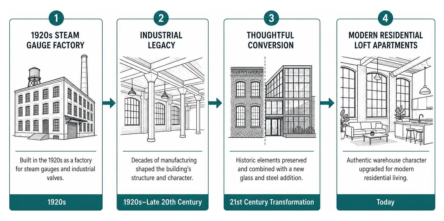 Diagram of the conversion process from 1920s steam gauge factory to modern residential loft apartments Diagram of the conversion process from 1920s steam gauge factory to modern residential loft apartments