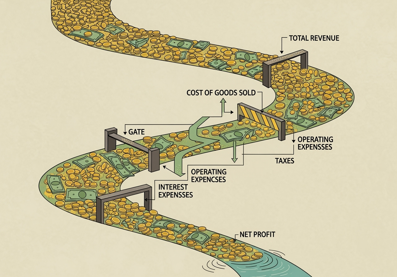 Illustration of Revenue to Net Profit - profit and cash flow