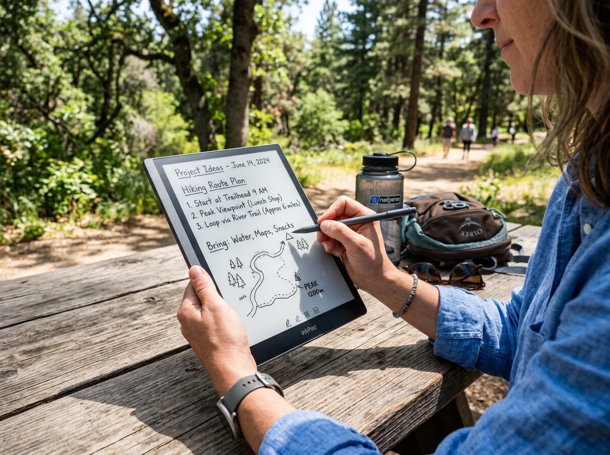 a sleek E-ink screen being used outdoors in bright sunlight - minimalist smart writing notebook