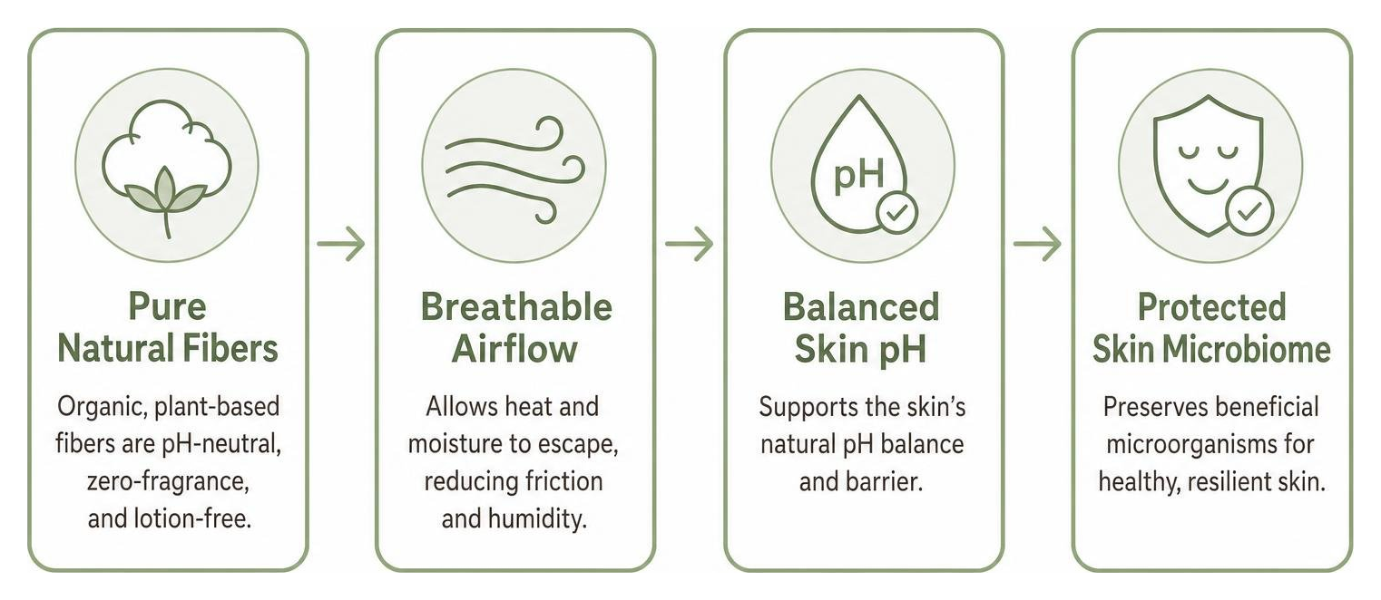 Diagram showing how pure natural fibers support skin microbiome health Diagram showing how pure natural fibers support skin microbiome health