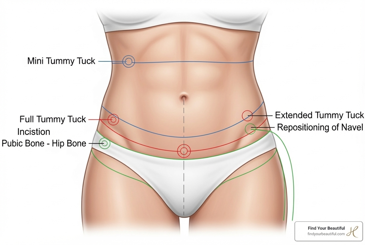 Image showing different incision lines for a mini tummy tuck, full tummy tuck, and extended tummy tuck - how to qualify for a tummy tuck