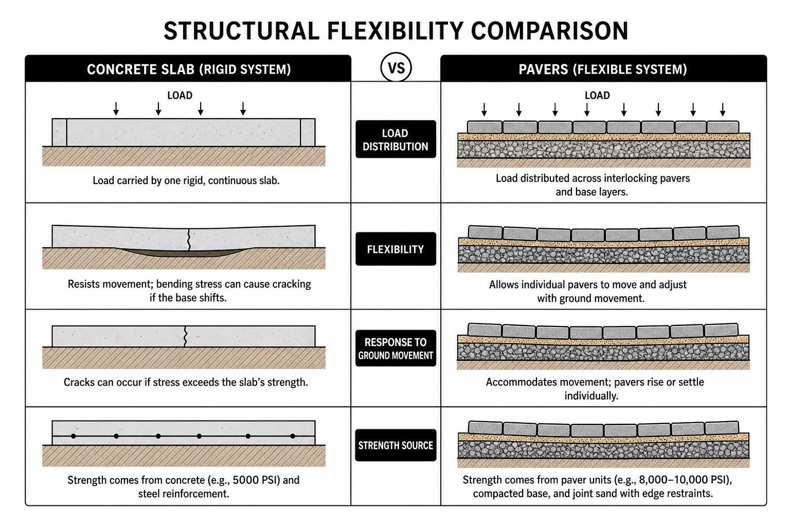 Structural flexibility comparison of concrete slab vs pavers