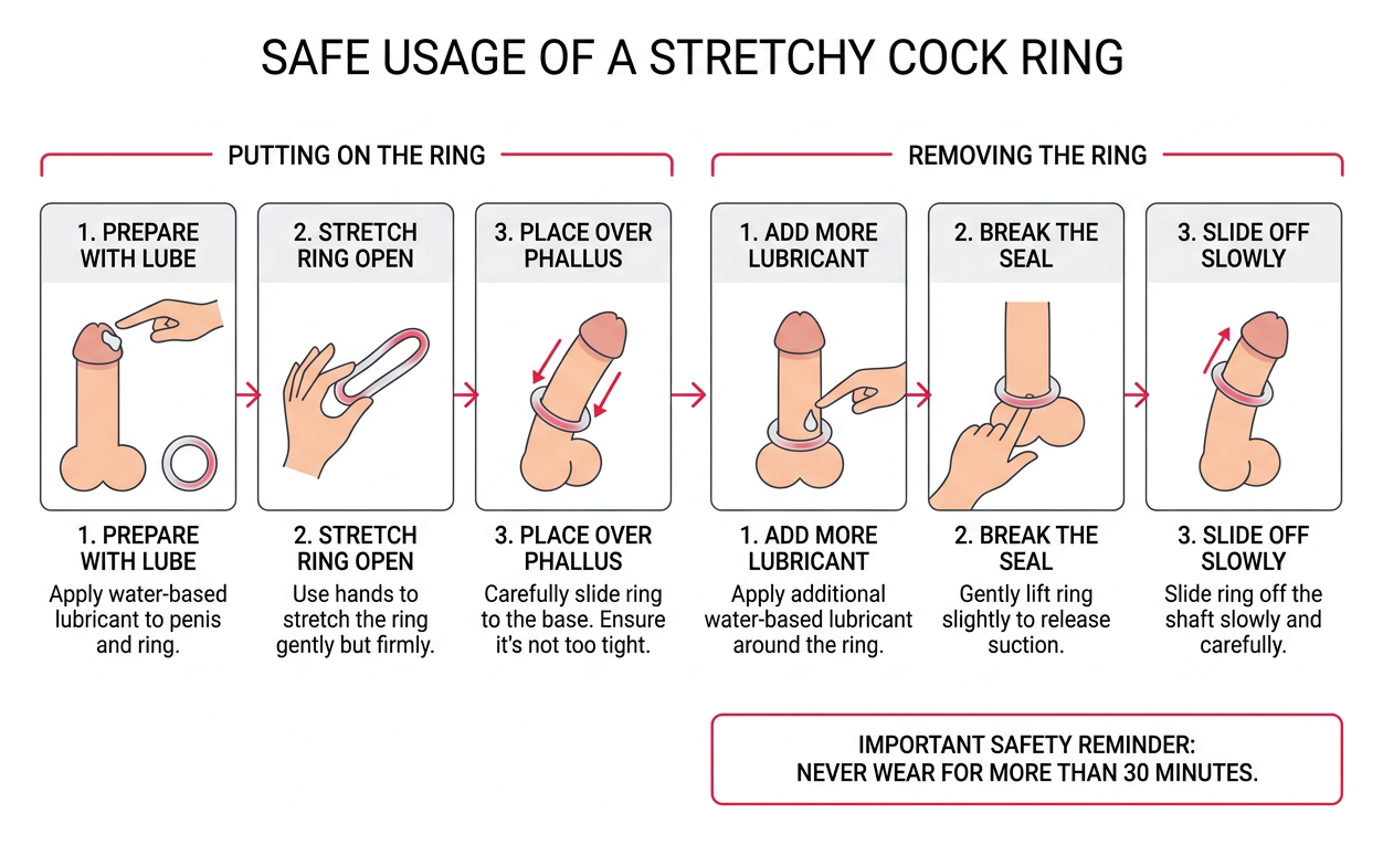 Step-by-step diagram: How to safely put on and remove a stretchy cock ring