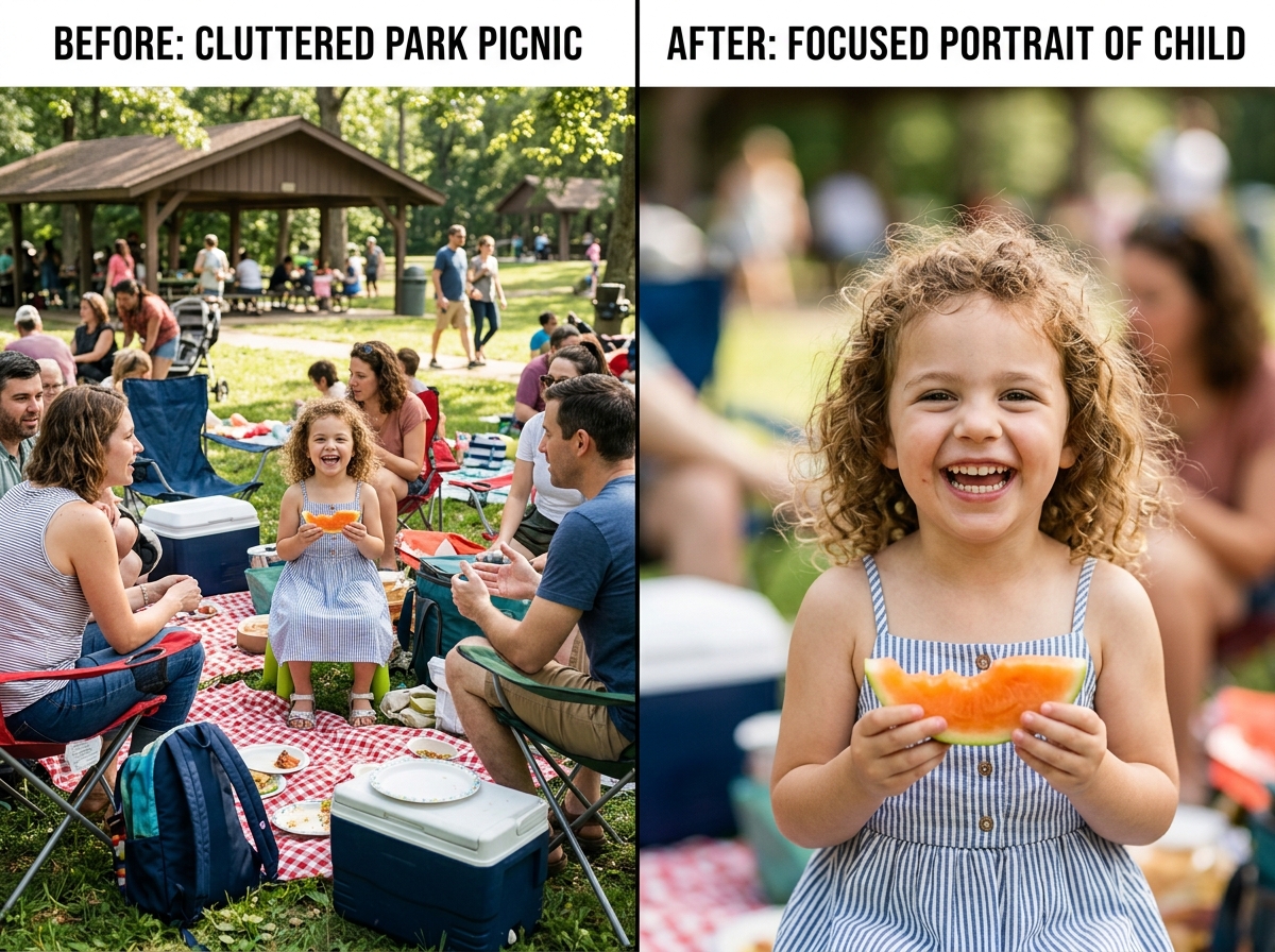 Before and after comparison showing a cluttered original photo and a tightly cropped, focused final image - easy crop and