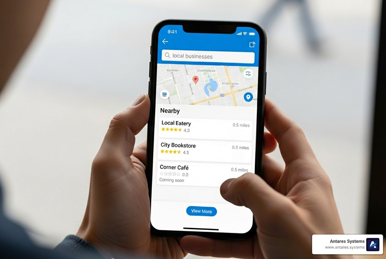 Customer using a smartphone to search for local businesses, with a blurred map and business listings in the background - local search engine optimization Customer using a smartphone to search for local businesses, with a blurred map and business listings in the background - local search engine optimization