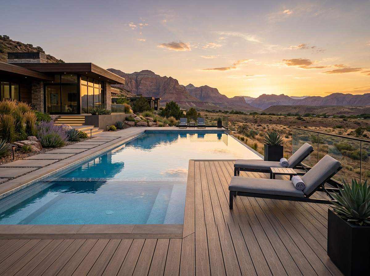 Deckorators Voyage decking installed poolside with sunset lighting - deckorators decking reviews Deckorators Voyage decking installed poolside with sunset lighting - deckorators decking reviews