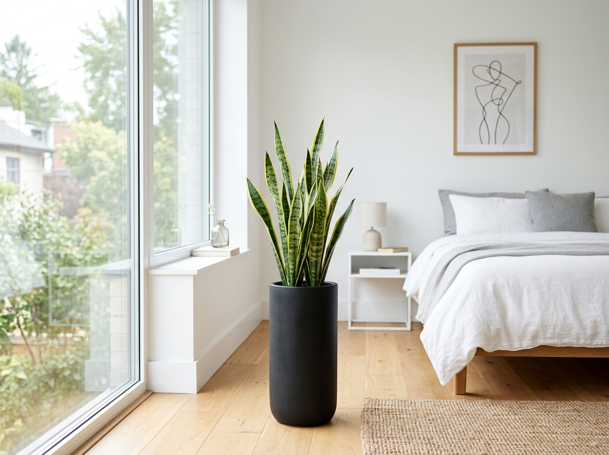 A sleek Snake Plant standing in a modern, minimalist bedroom setup - low allergy houseplants choice A sleek Snake Plant standing in a modern, minimalist bedroom setup - low allergy houseplants choice