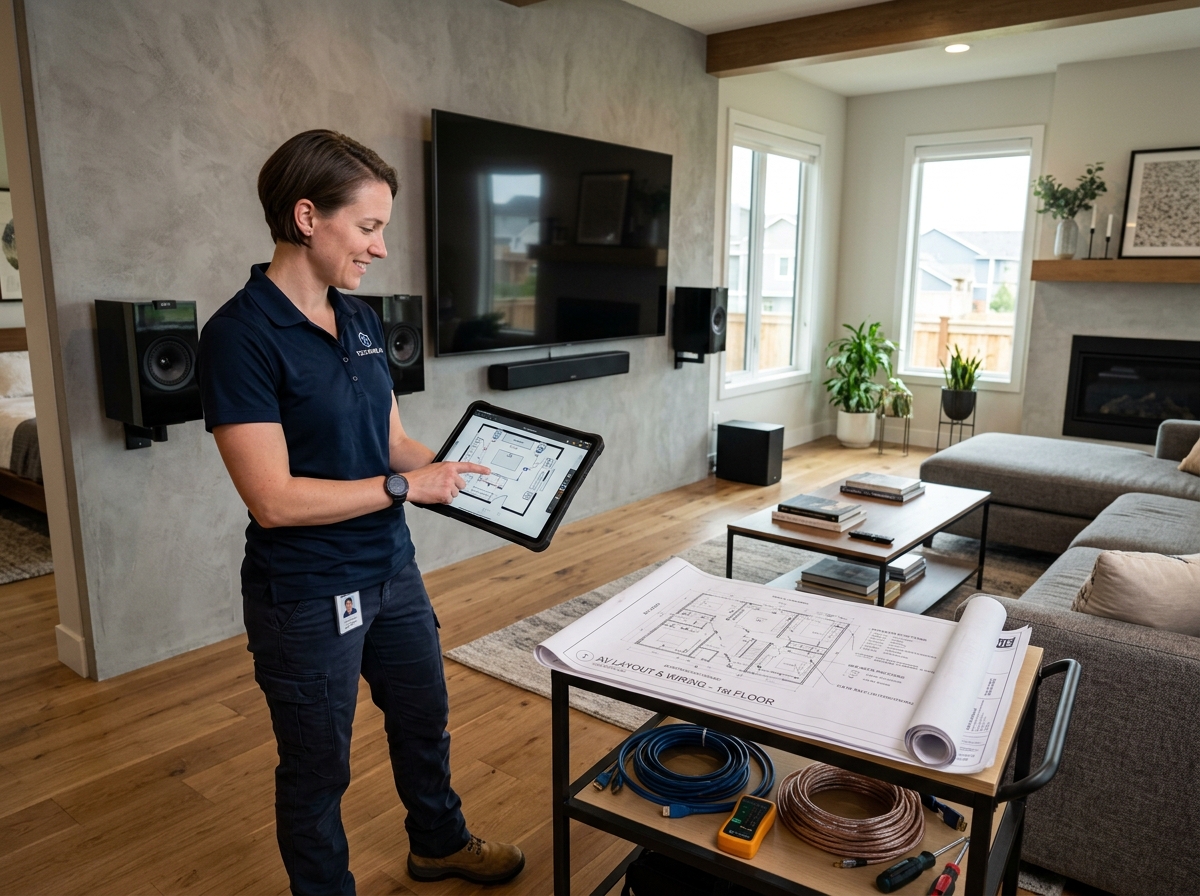 Professional planning a home AV layout on a digital tablet in a living room - home av installation Professional planning a home AV layout on a digital tablet in a living room - home av installation