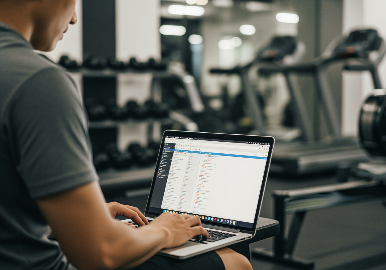 A person searching for private gym instructors on a laptop, with a gym background - private gym instructor near me A person searching for private gym instructors on a laptop, with a gym background - private gym instructor near me