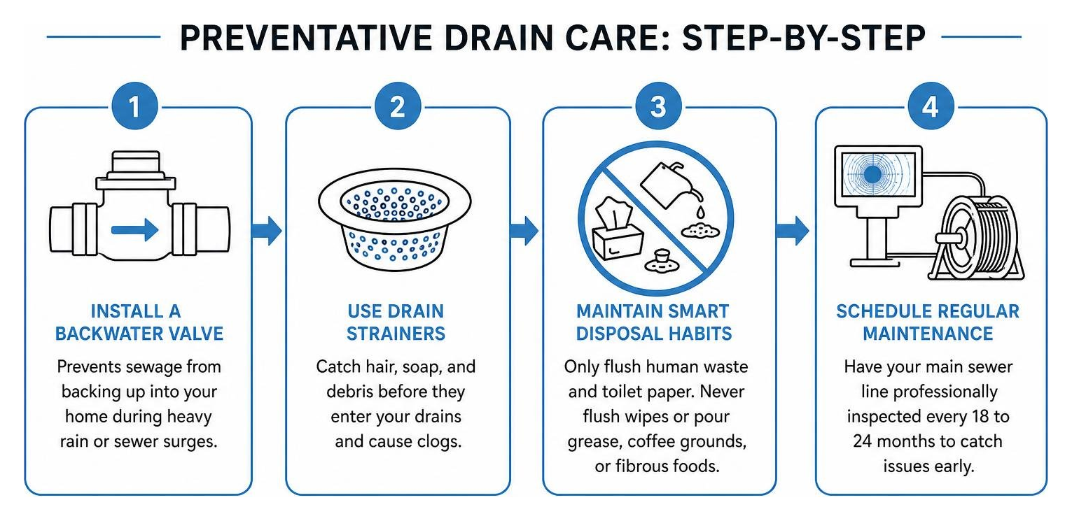 diagram showing the step-by-step process of preventative drain care diagram showing the step-by-step process of preventative drain care