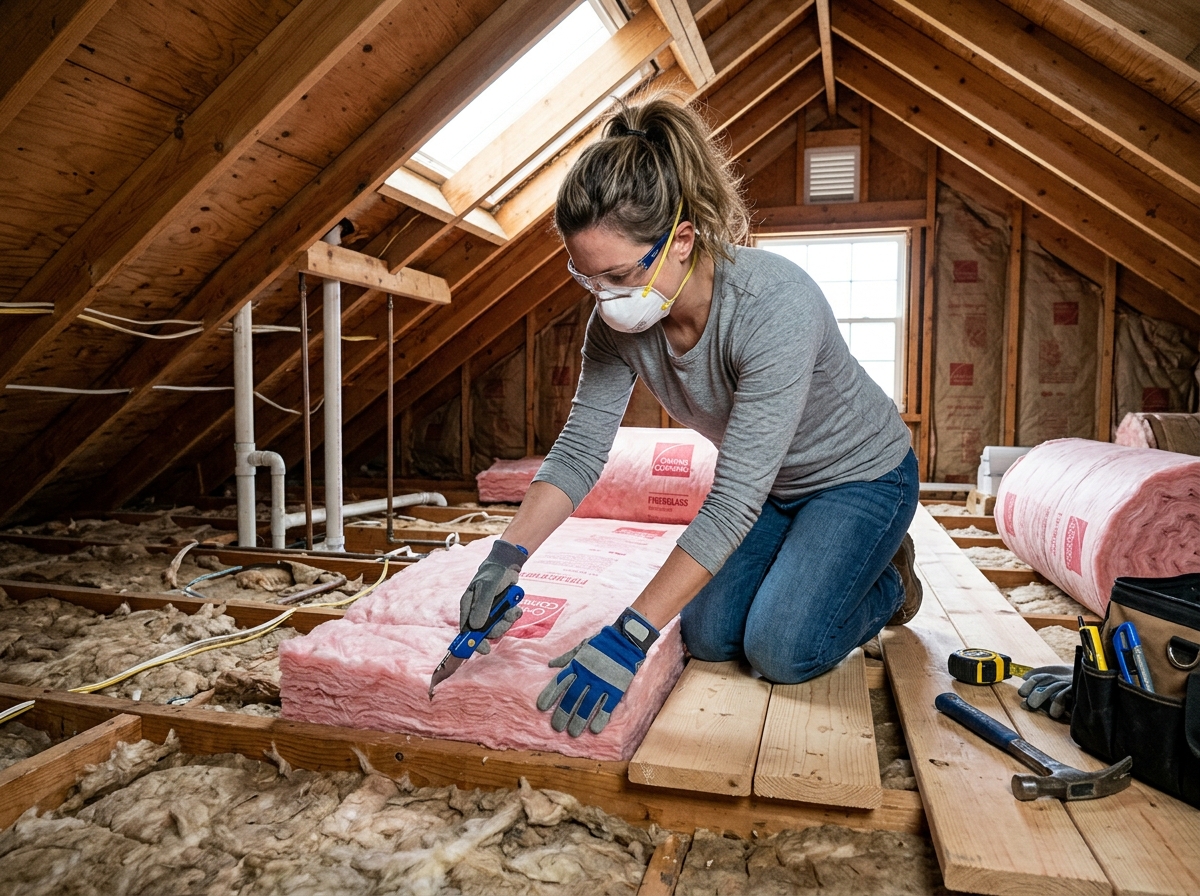Homeowner installing fiberglass batts - insulation do it yourself