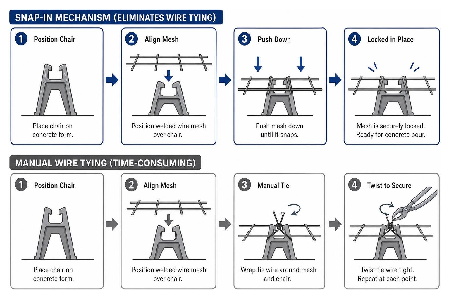 Diagram showing the snap-in mechanism of a Hercules Rebar Chair eliminating the need for manual wire tying Diagram showing the snap-in mechanism of a Hercules Rebar Chair eliminating the need for manual wire tying