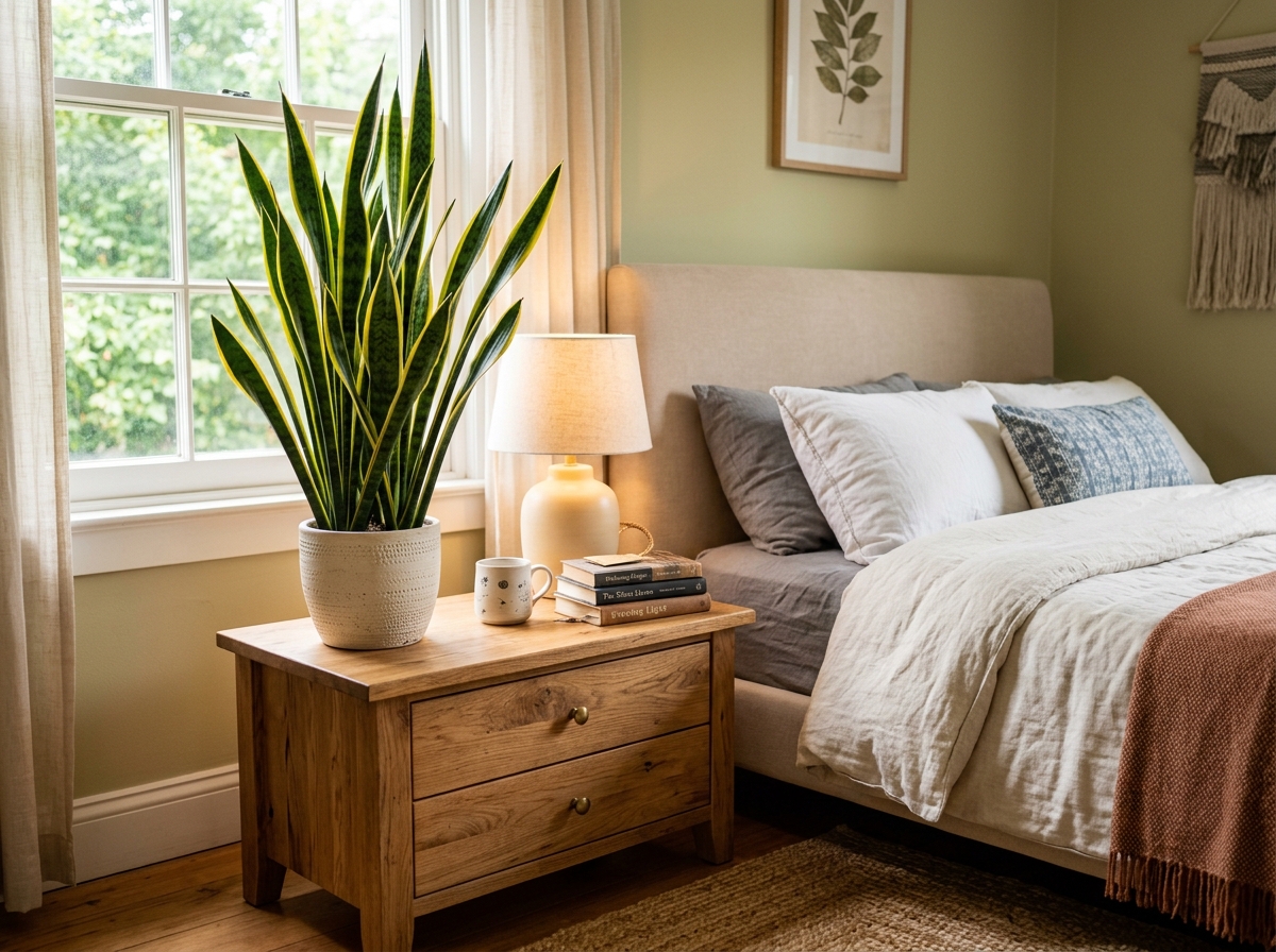 A tall, architectural Snake Plant positioned on a wooden bedside table - air cleaning succulents list