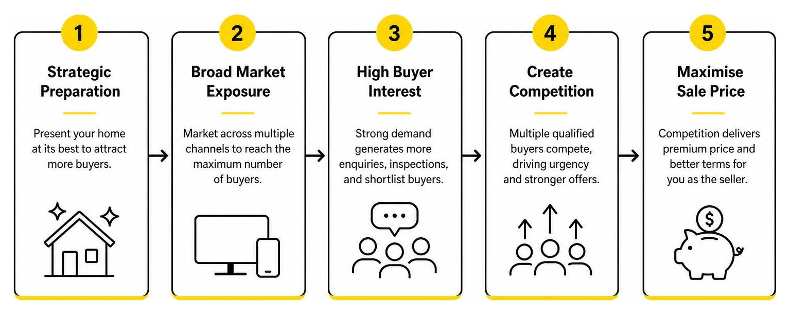 Step-by-step process of creating buyer competition for Mitchelton homes Step-by-step process of creating buyer competition for Mitchelton homes