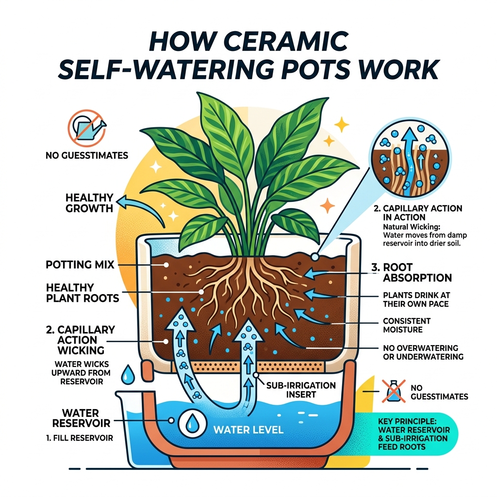How ceramic self watering pots work - reservoir and capillary action infographic - ceramic self watering pots infographic 