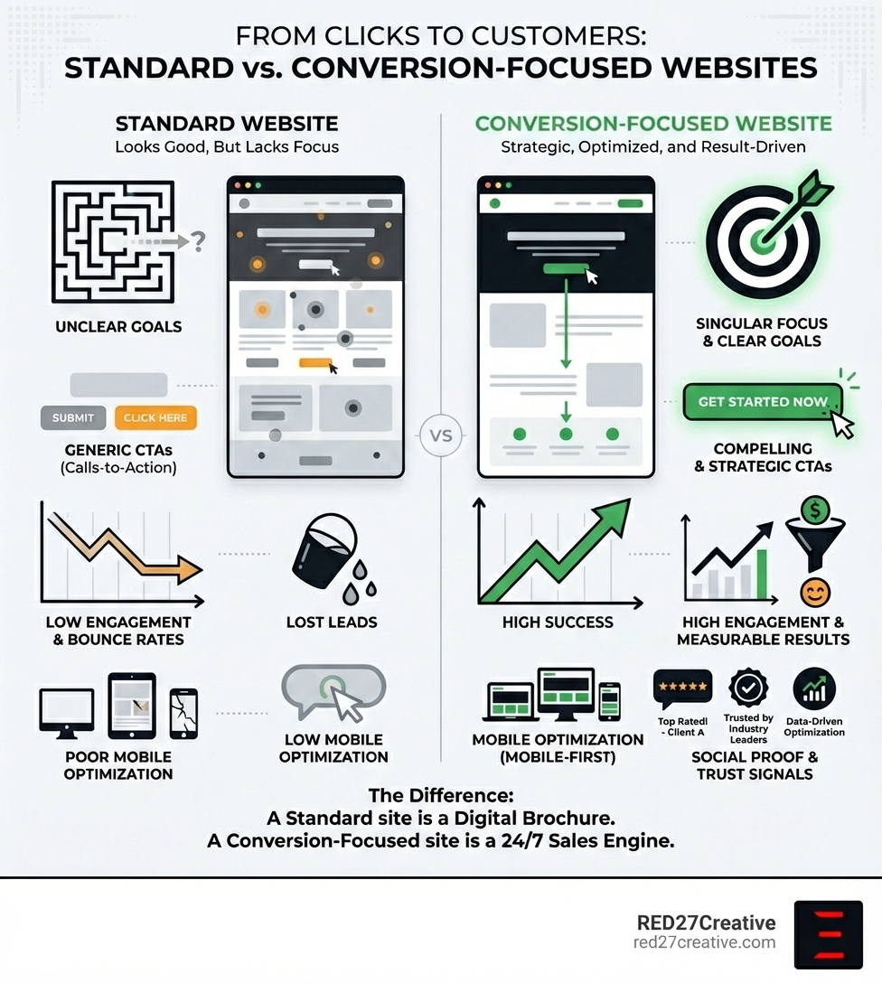 Infographic comparing a standard website with unclear goals, generic CTAs, and low engagement to a conversion-focused website with a singular focus, strategic layout, compelling CTAs, mobile optimization, social proof, and measurable results - Conversion focused web design infographic Infographic comparing a standard website with unclear goals, generic CTAs, and low engagement to a conversion-focused website with a singular focus, strategic layout, compelling CTAs, mobile optimization, social proof, and measurable results - Conversion focused web design infographic