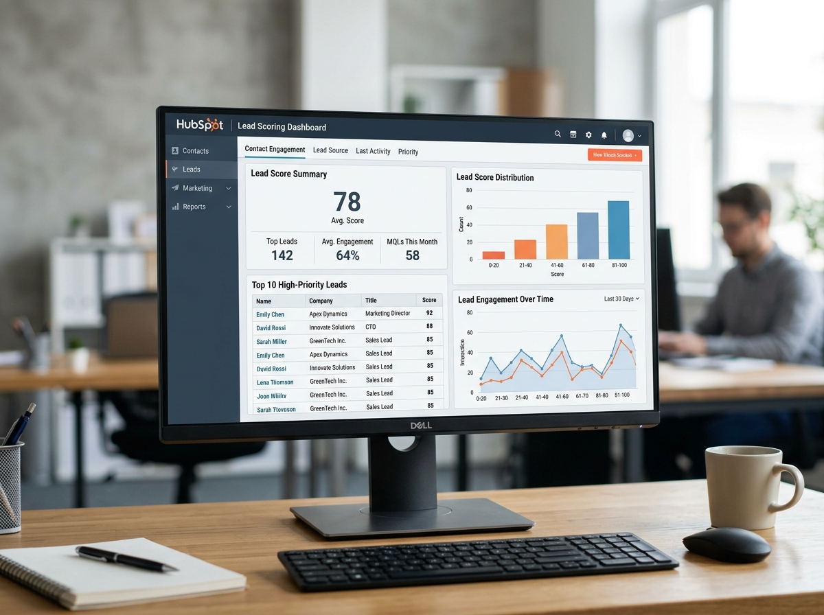 Lead scoring dashboard showing contact engagement and priority - HubSpot marketing automation setup