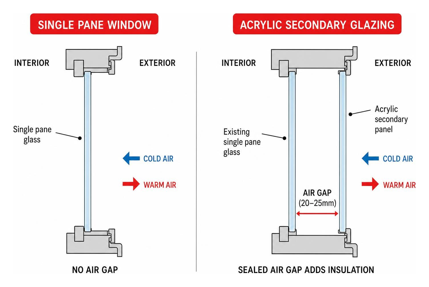 Air gap comparison between single pane and acrylic secondary glazing Air gap comparison between single pane and acrylic secondary glazing