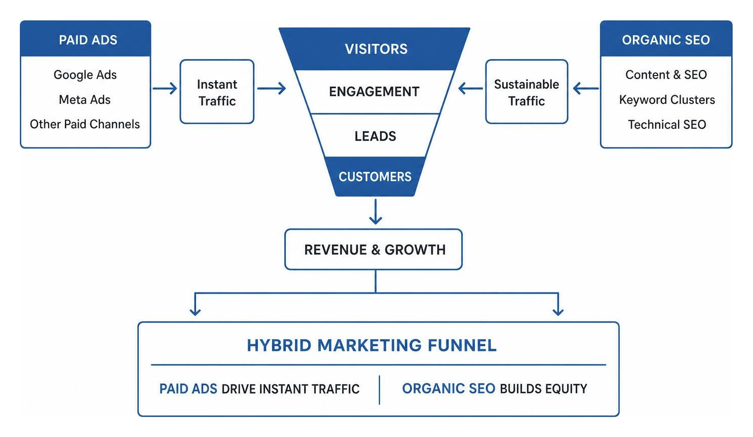 A diagram showing the hybrid marketing funnel: paid ads drive instant traffic, organic SEO builds equity A diagram showing the hybrid marketing funnel: paid ads drive instant traffic, organic SEO builds equity