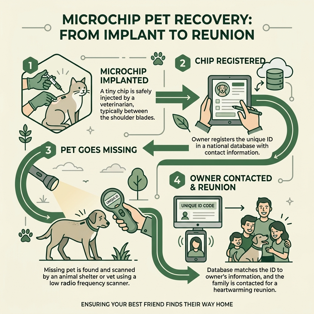 Microchip pet recovery process from implant to reunion infographic - home away pet infographic Microchip pet recovery process from implant to reunion infographic - home away pet infographic