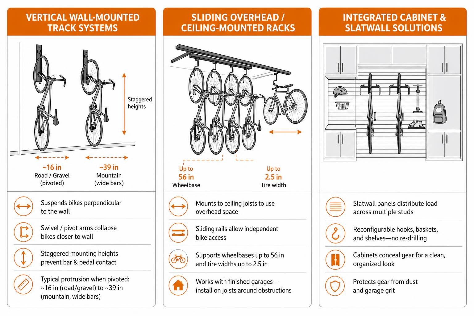 Comparison diagram of vertical wall, sliding overhead, and integrated cabinet bike storage Comparison diagram of vertical wall, sliding overhead, and integrated cabinet bike storage