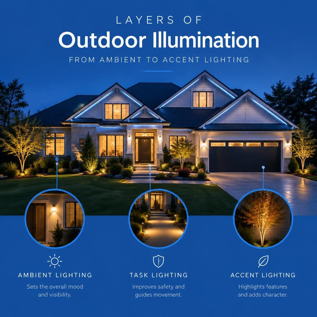 Layers of outdoor illumination, from ambient to accent lighting infographic