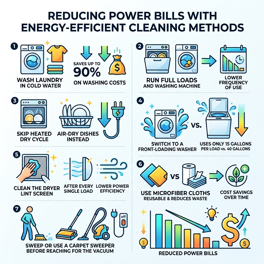 Infographic showing how energy efficient cleaning methods reduce household power bills - energy efficient cleaning methods