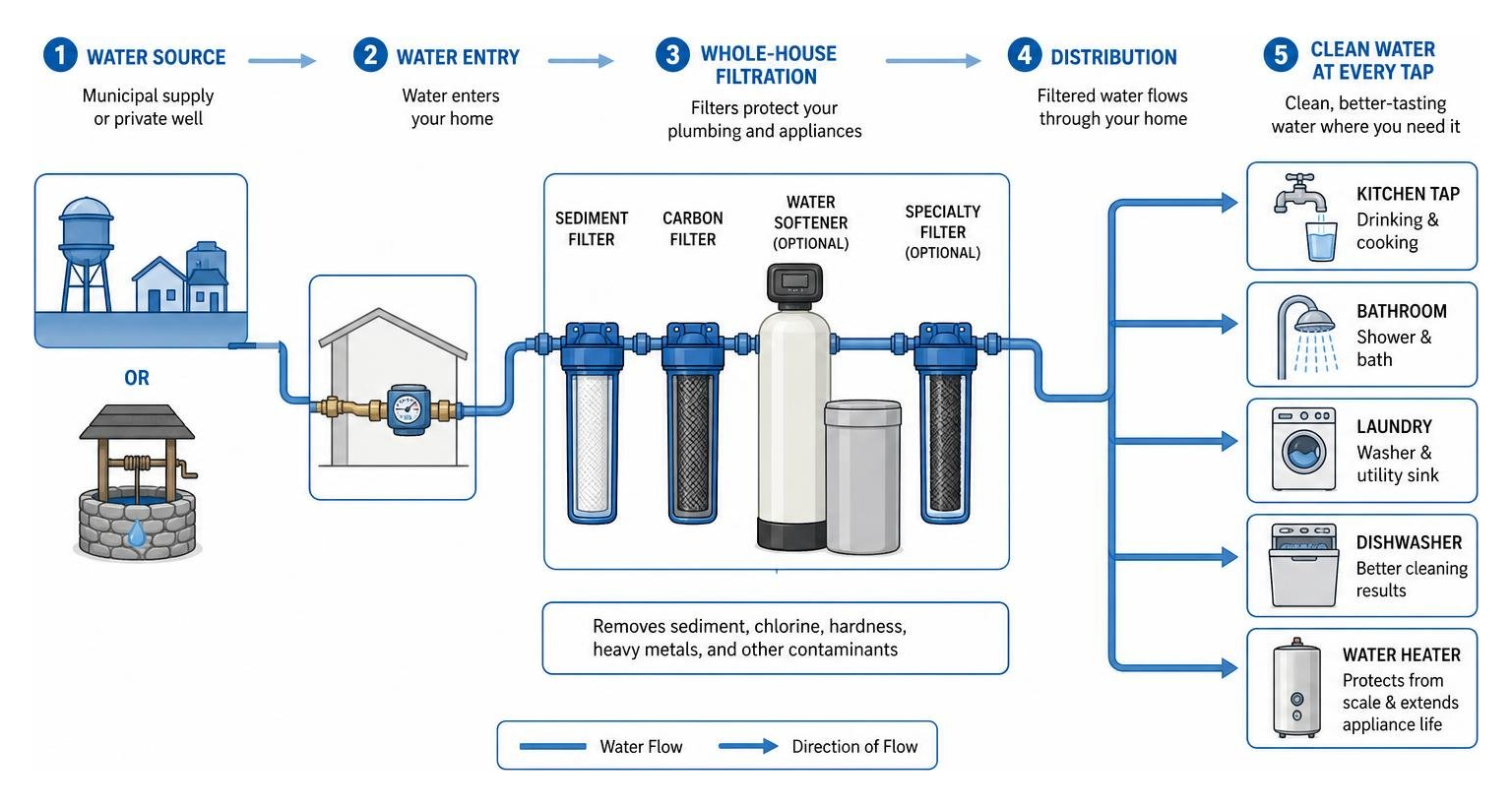 A detailed diagram showing how water enters a home, passes through filtration stages, and supplies clean water to appliances